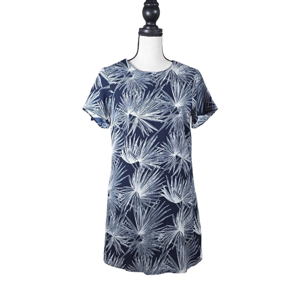 Lulus Shift Dress Navy Blue White Tropical Palm Leaf Print XS Summer, Vacation